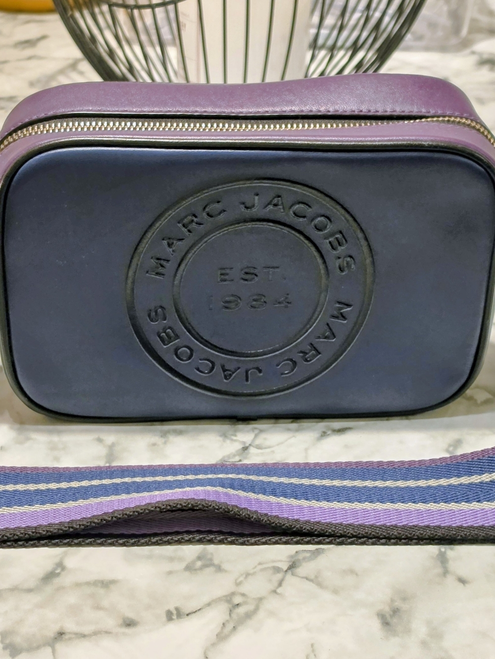 Marc Jacobs Purple and Navy Crossbody Camera Bag with Striped Strap